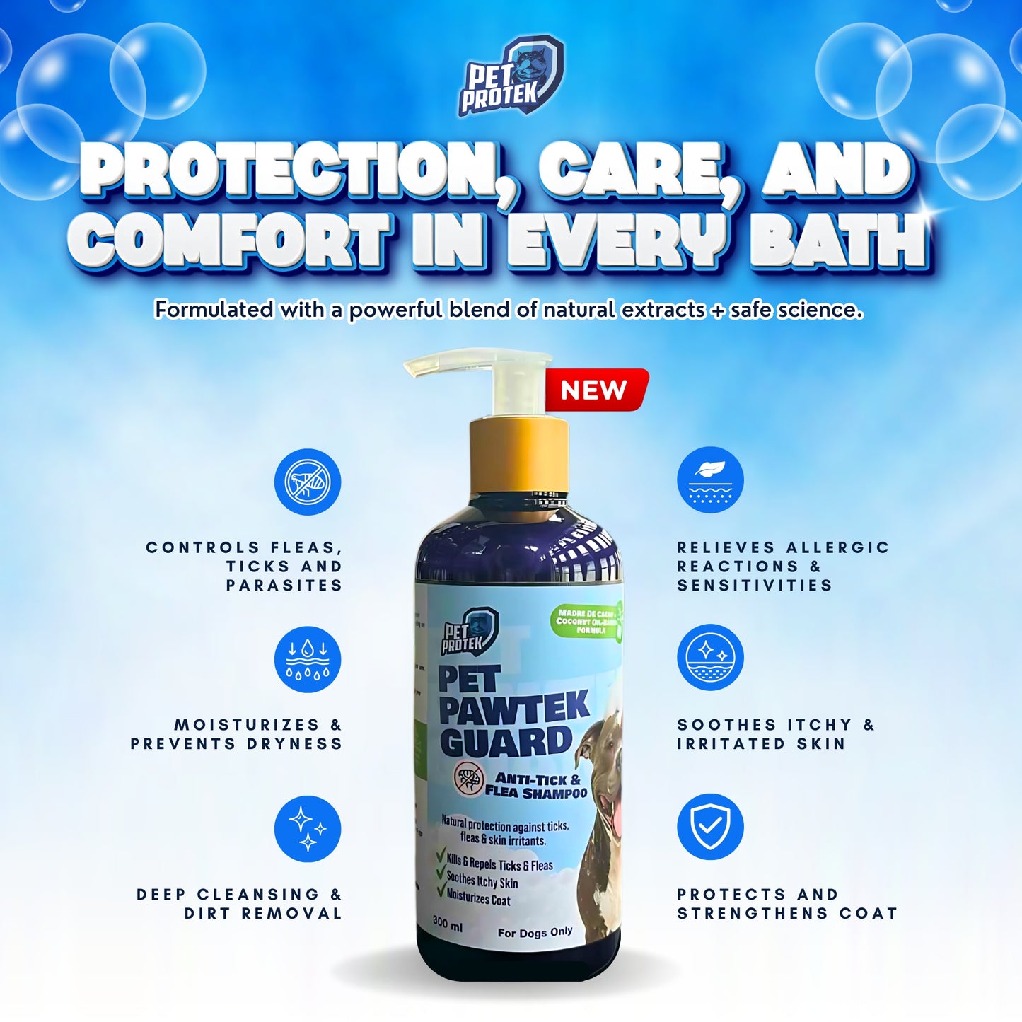 Pet Protek - PET PAWTEK GUARD (300 ml) Ultimate Anti Tick & Flea Shampoo for Dog Grooming for all types of Dogs and Puppies