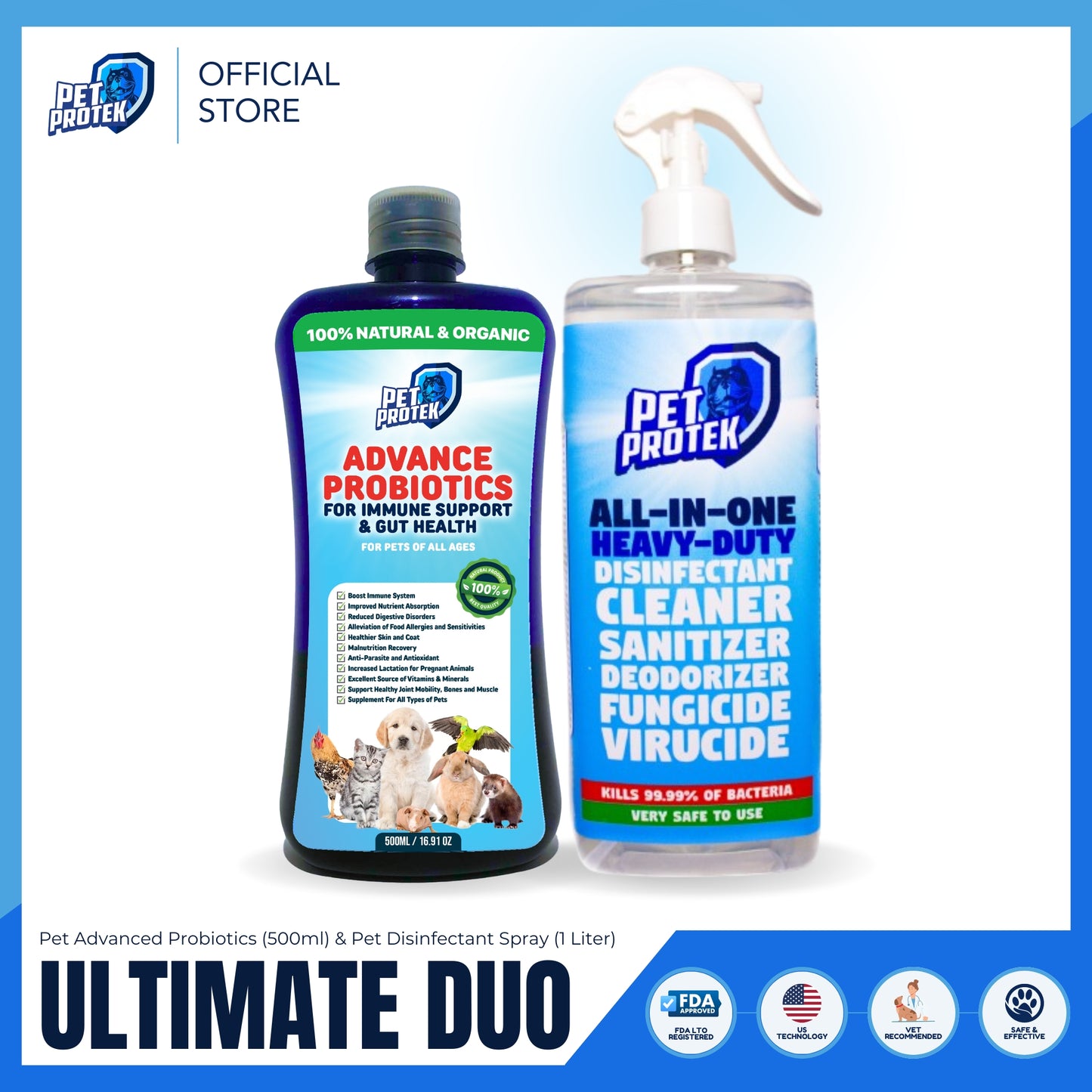 [Ultimate Duo] Pet Protek Disinfectant Spray (1 Liter) & Pet Advanced Probiotics (500ml)