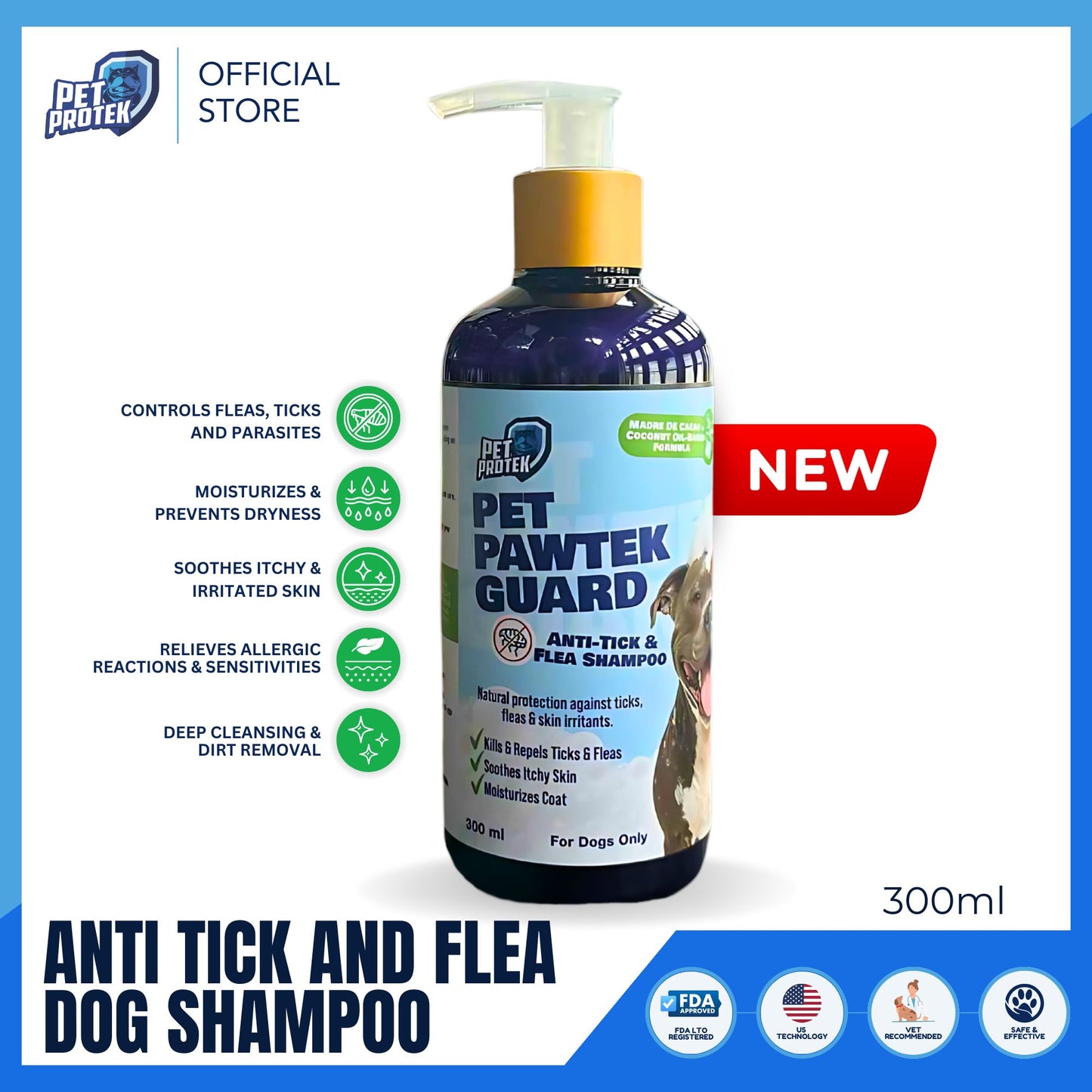 Pet Protek - PET PAWTEK GUARD (300 ml) Ultimate Anti Tick & Flea Shampoo for Dog Grooming for all types of Dogs and Puppies